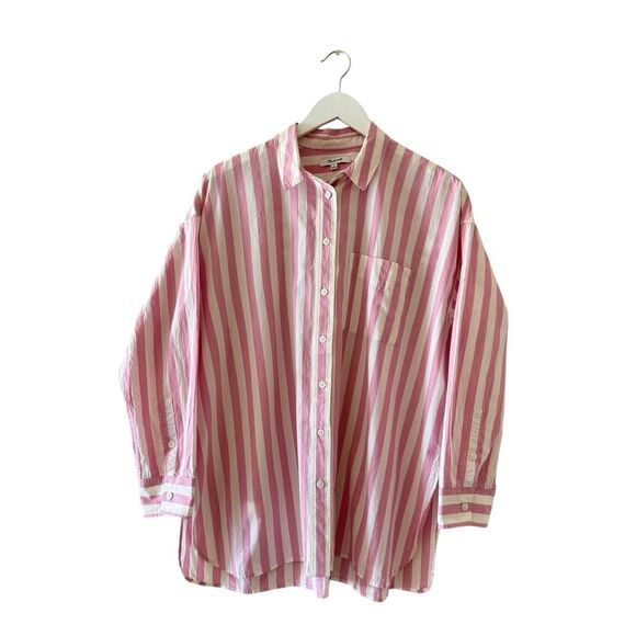 Madewell Oversized Cotton Button Up Shirt Spread Collar Stripes Pink SZ M #2469 - Picture 1 of 13